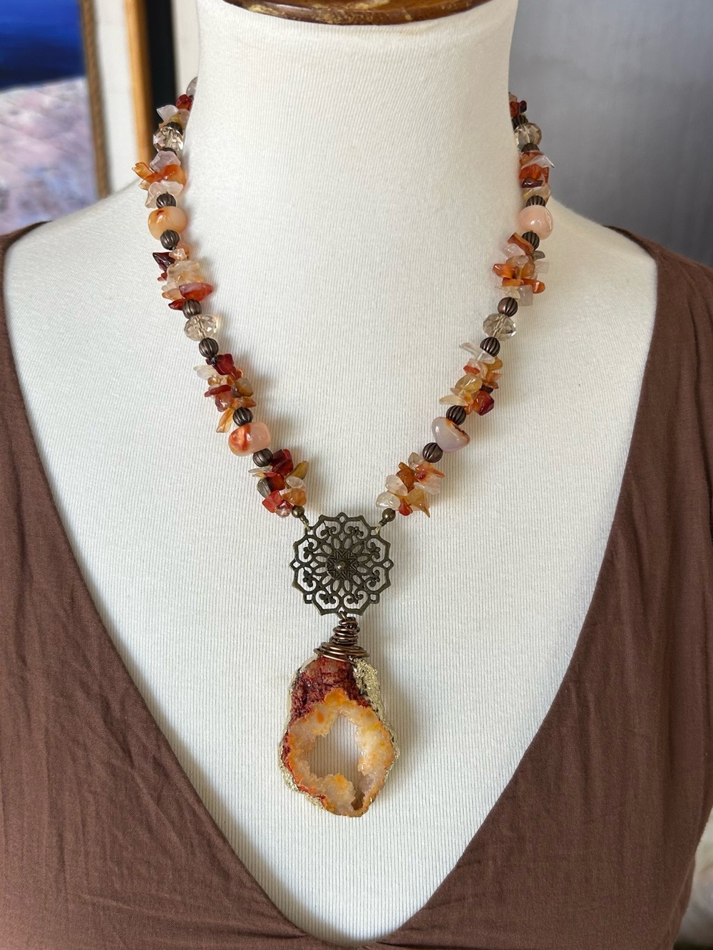 Agate NWT Marea Designs Agate Druzy Geode Carnelian Beaded Boho Necklace